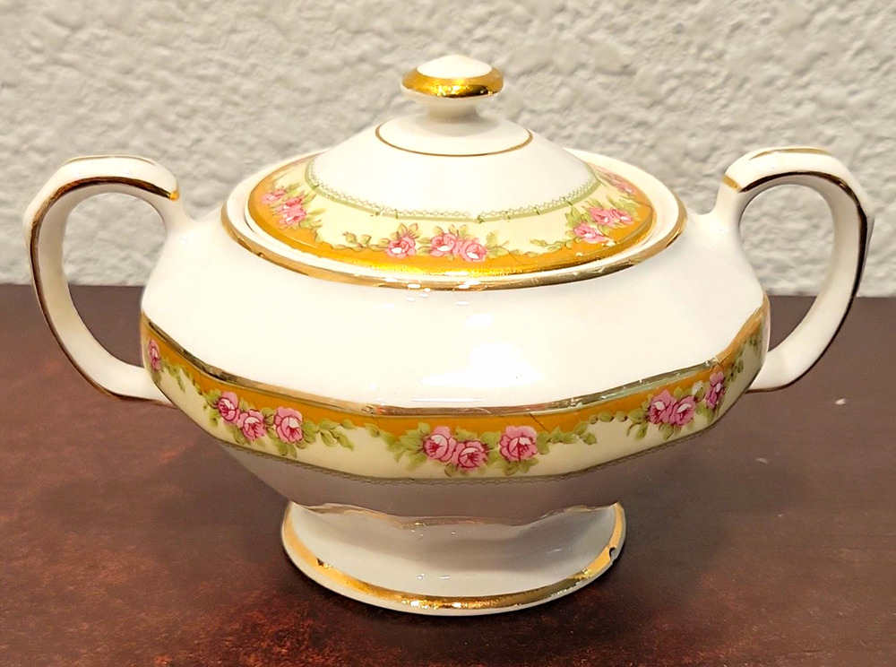 Vintage Edwin M Knowles Lidded Sugar Bowl Pink Roses Gold Trim Vitreous China